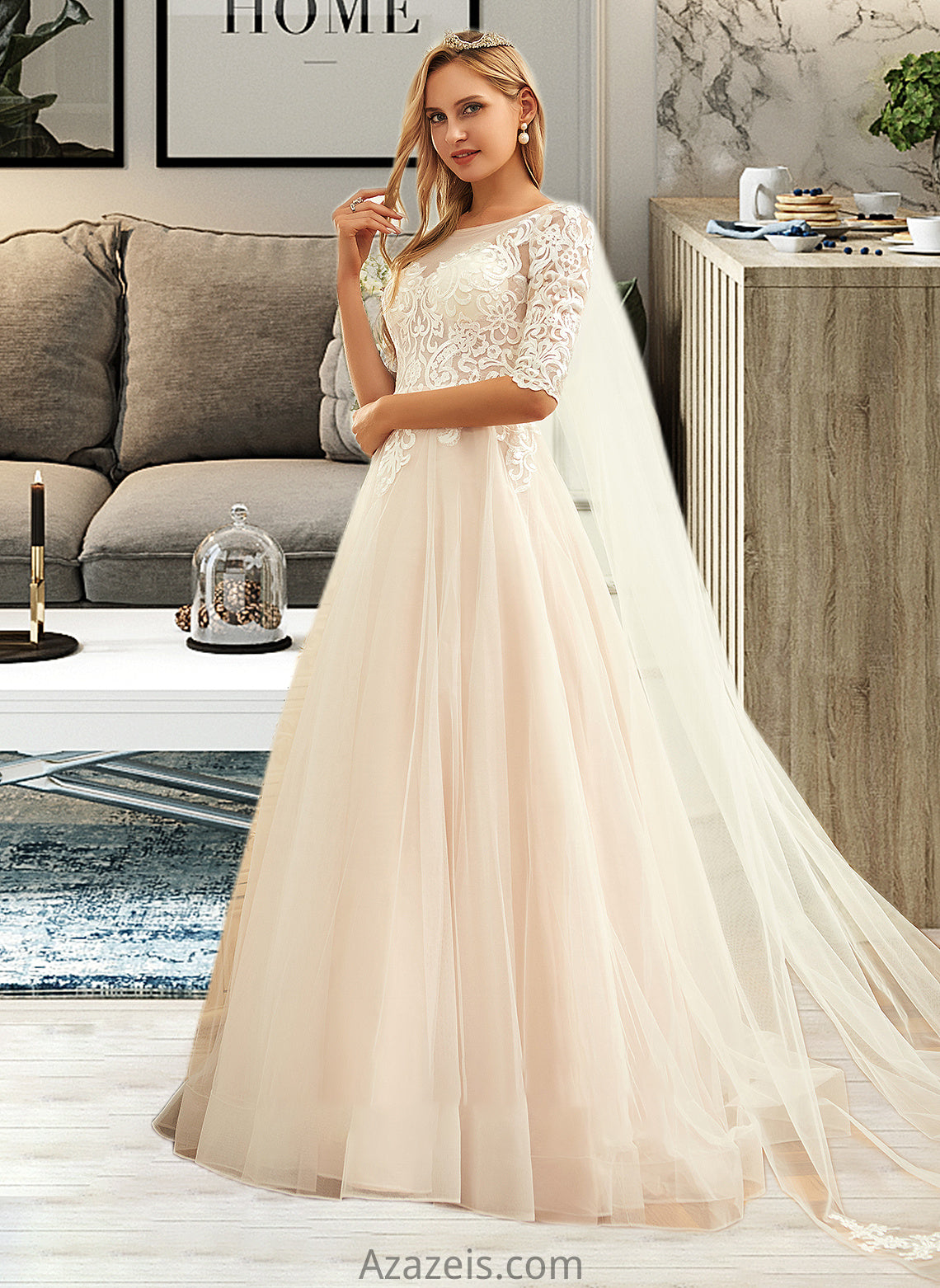 Genevieve Ball-Gown/Princess Scoop Neck Sweep Train Tulle Lace Wedding Dress DFP0013760