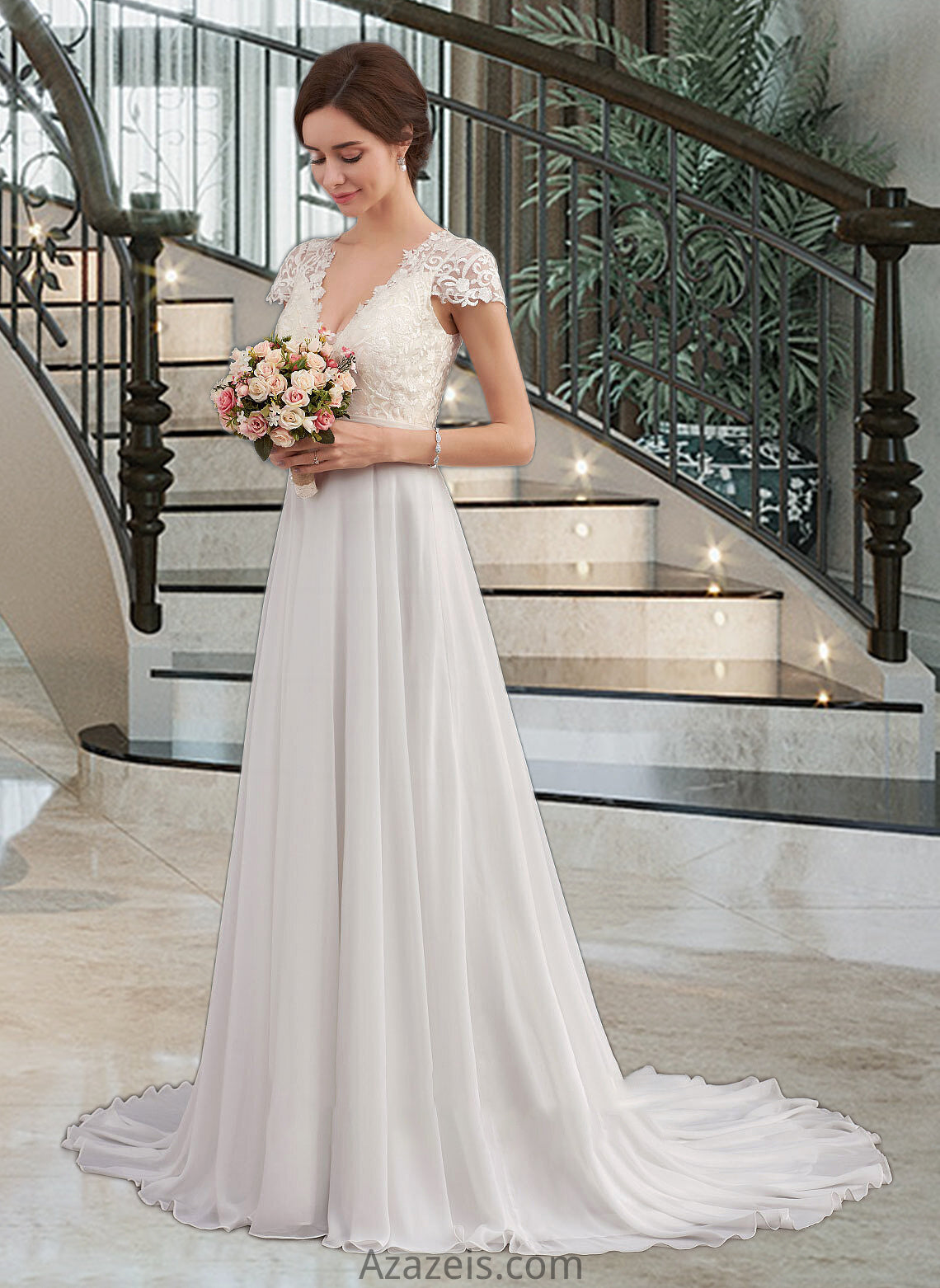 Callie A-Line V-neck Sweep Train Chiffon Wedding Dress With Ruffle DFP0013761