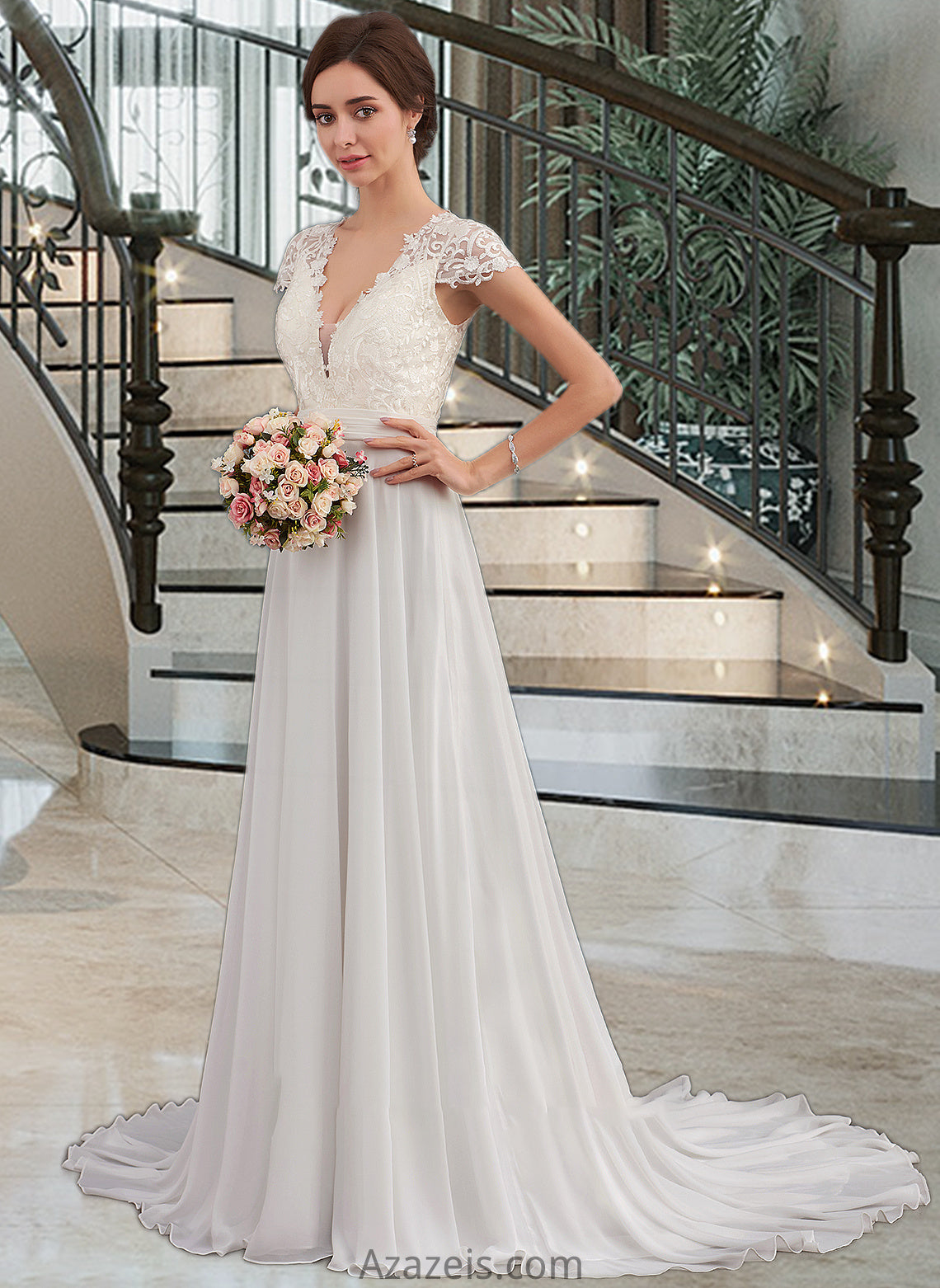 Callie A-Line V-neck Sweep Train Chiffon Wedding Dress With Ruffle DFP0013761