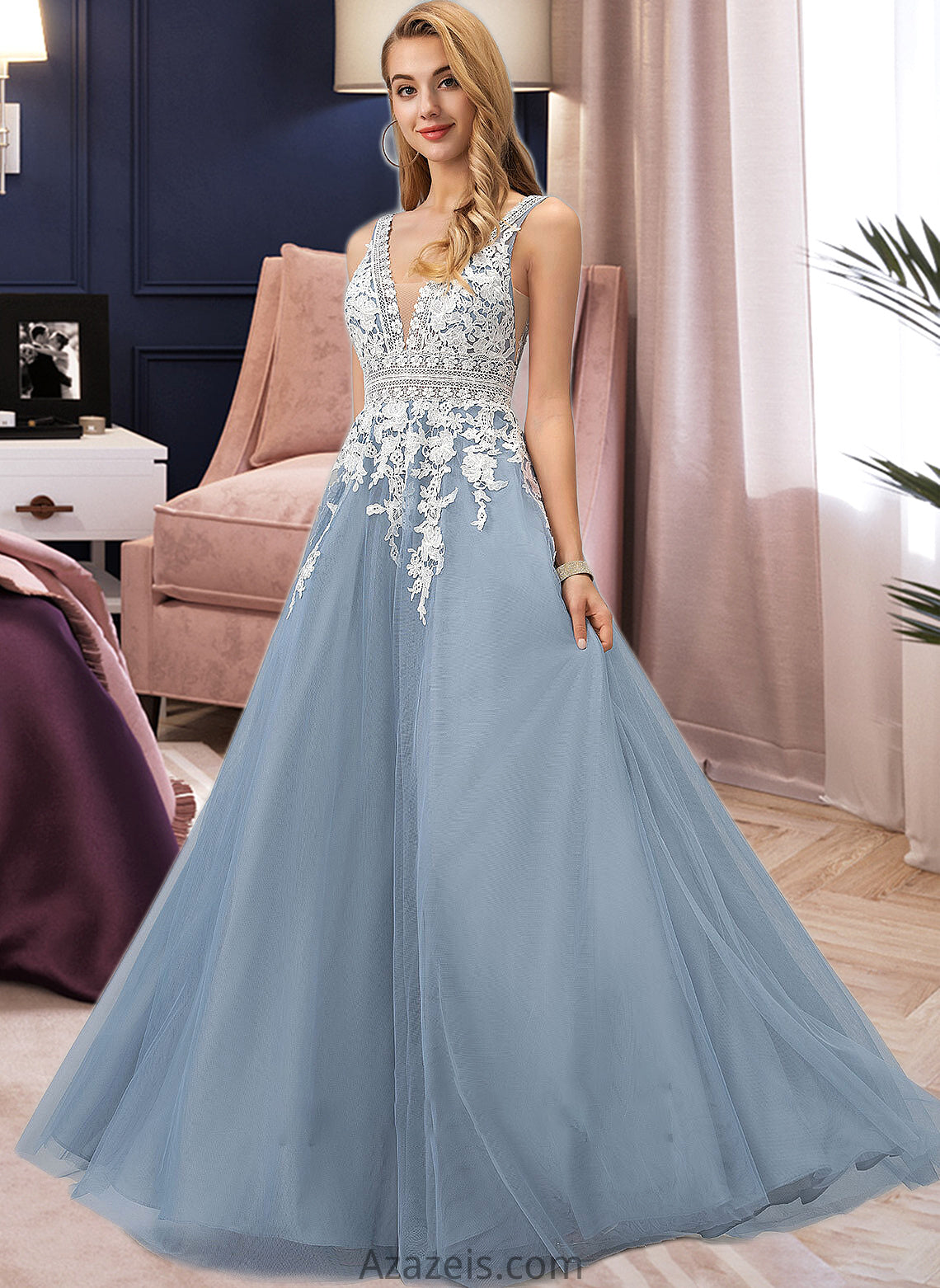 Karlee Ball-Gown/Princess V-neck Floor-Length Tulle Wedding Dress With Lace DFP0013763