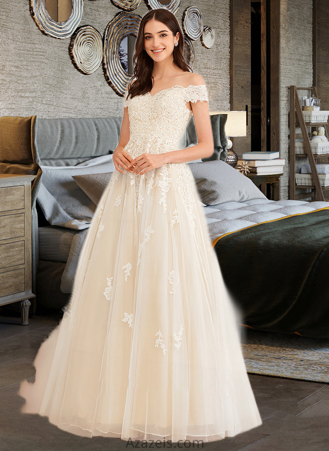 Zoie Ball-Gown/Princess Off-the-Shoulder Floor-Length Wedding Dress With Beading Sequins DFP0013765