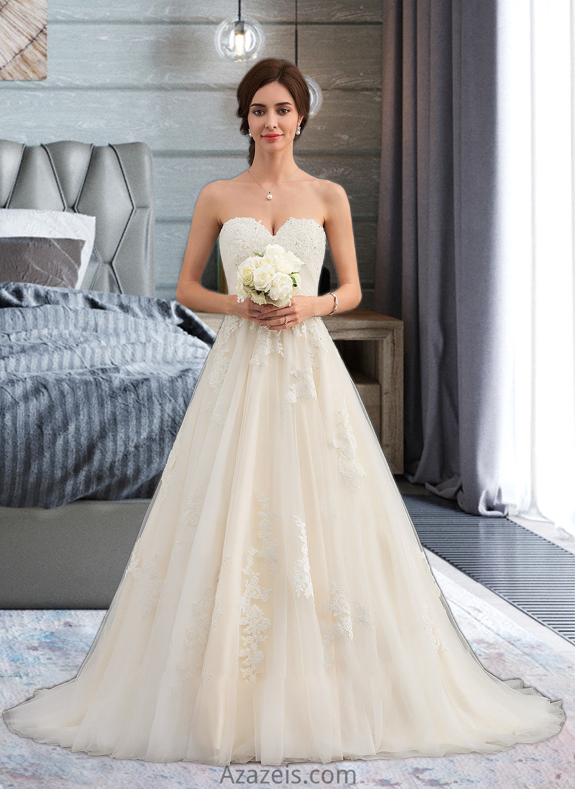 Micah Ball-Gown/Princess Sweetheart Court Train Tulle Wedding Dress With Ruffle Beading DFP0013766