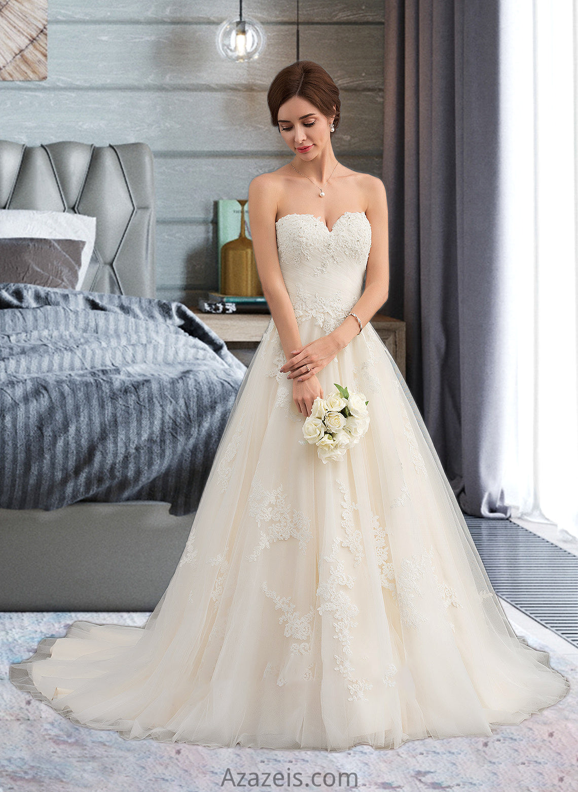 Micah Ball-Gown/Princess Sweetheart Court Train Tulle Wedding Dress With Ruffle Beading DFP0013766