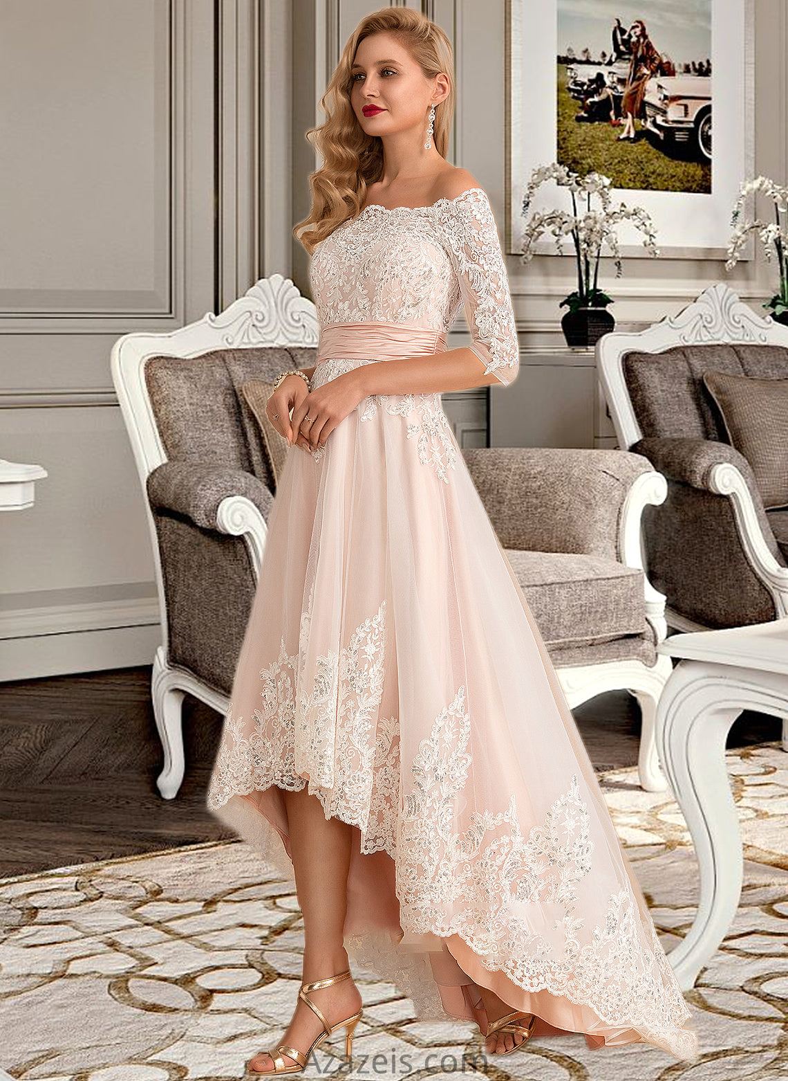 Riya A-Line Asymmetrical Satin Tulle Lace Wedding Dress With Sequins DFP0013769