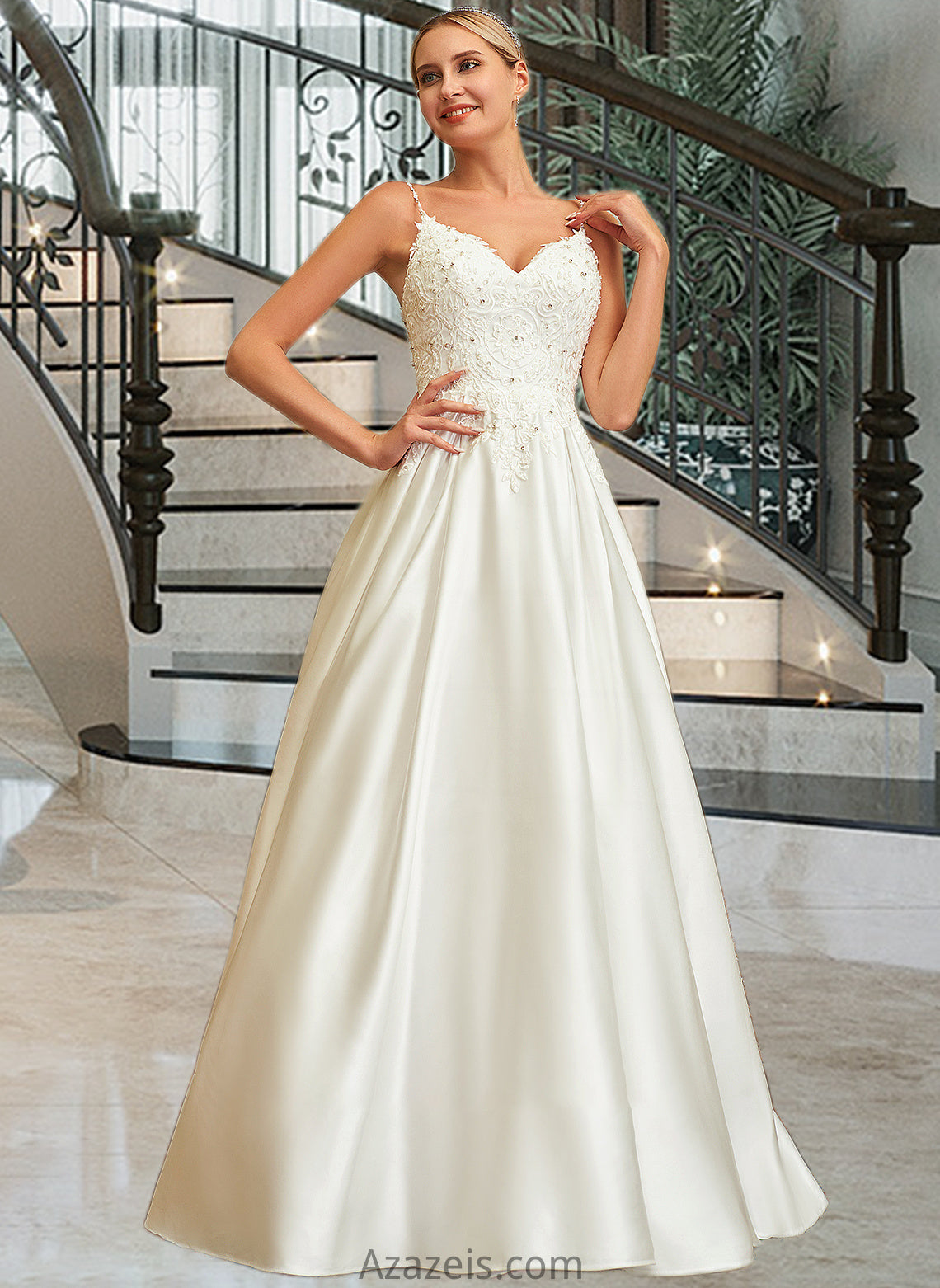 Sylvia Ball-Gown/Princess V-neck Sweep Train Satin Lace Wedding Dress With Lace Beading Sequins Pockets DFP0013771