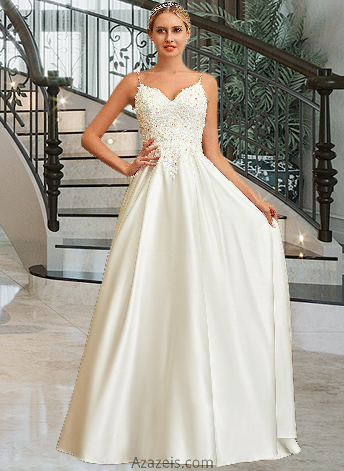 Sylvia Ball-Gown/Princess V-neck Sweep Train Satin Lace Wedding Dress With Lace Beading Sequins Pockets DFP0013771