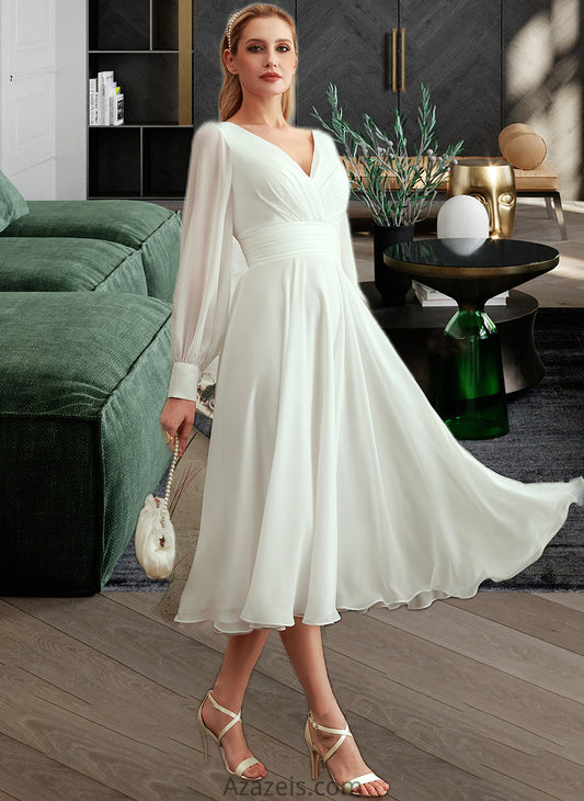 Hanna A-Line V-neck Tea-Length Wedding Dress DFP0013772