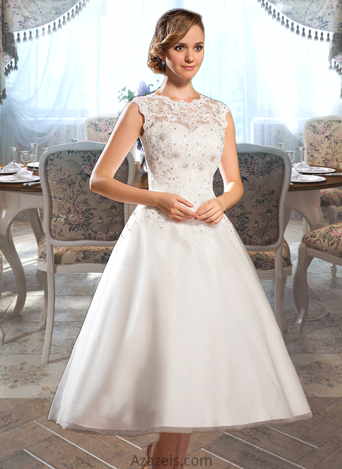 Emelia Ball-Gown/Princess Scoop Neck Tea-Length Tulle Lace Wedding Dress With Beading Sequins DFP0013773