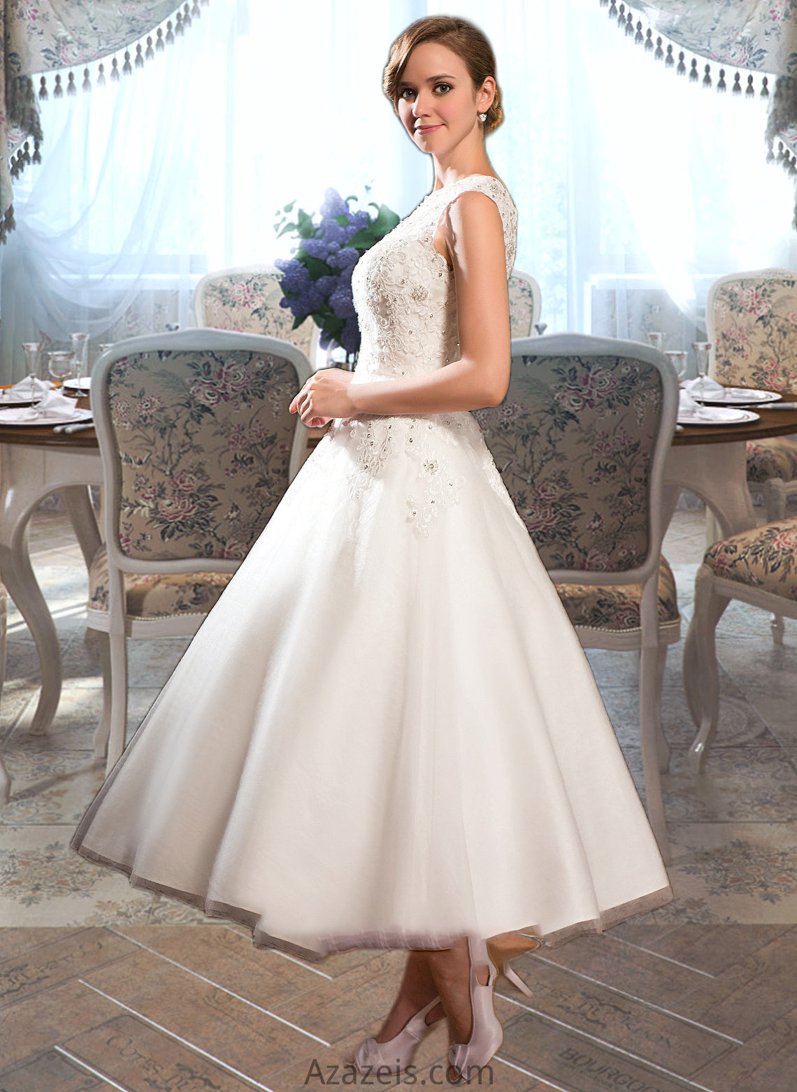 Emelia Ball-Gown/Princess Scoop Neck Tea-Length Tulle Lace Wedding Dress With Beading Sequins DFP0013773