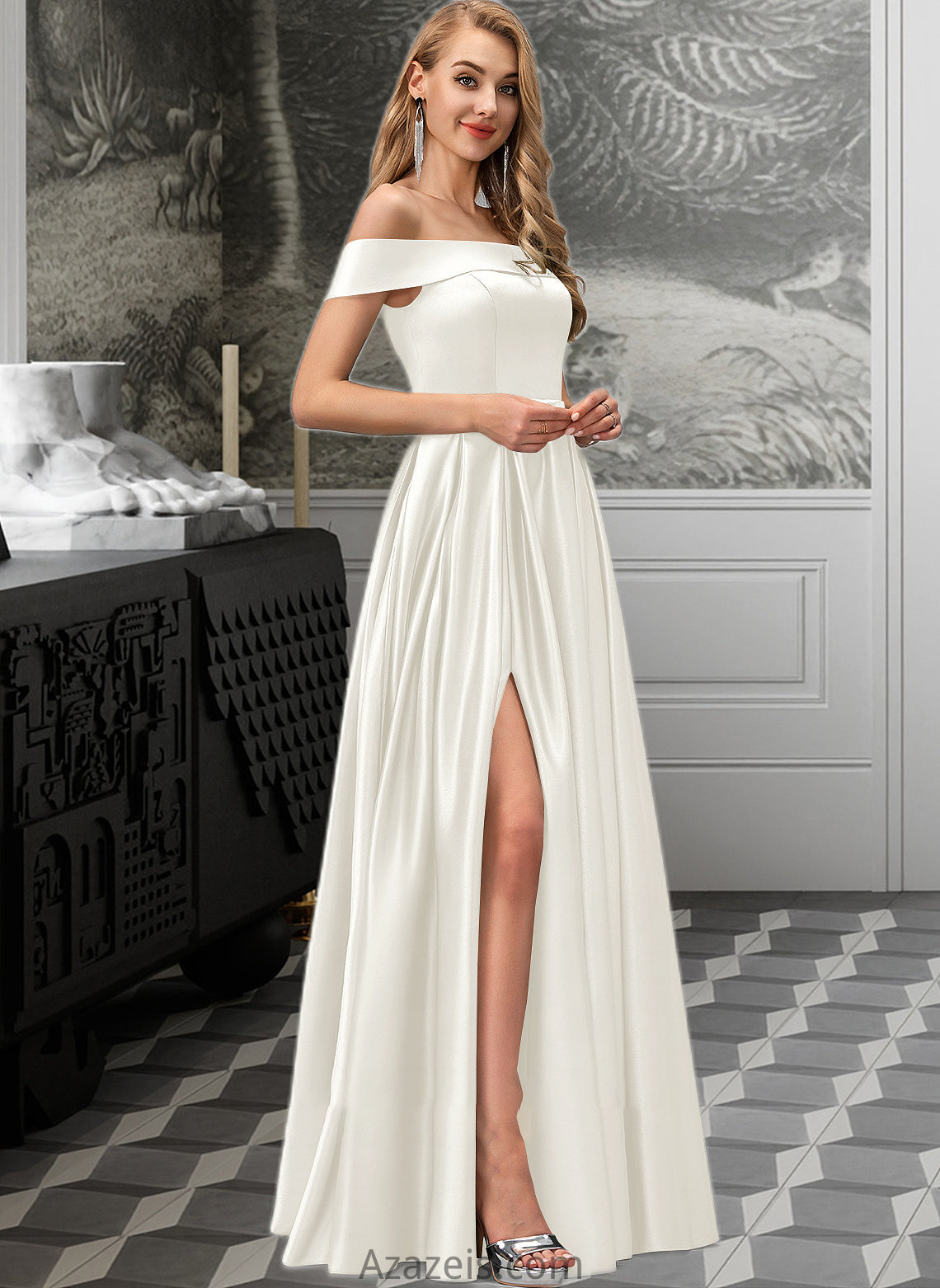 Mireya Ball-Gown/Princess Off-the-Shoulder Floor-Length Satin Wedding Dress With Split Front Pockets DFP0013774