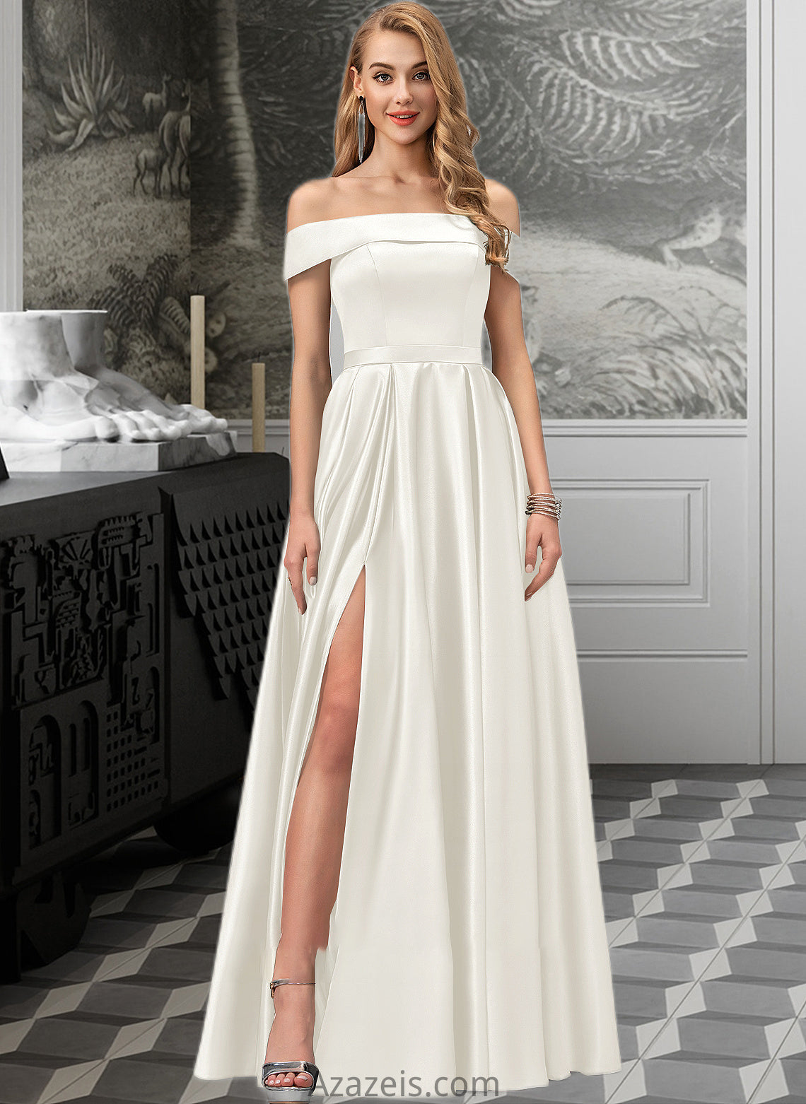 Mireya Ball-Gown/Princess Off-the-Shoulder Floor-Length Satin Wedding Dress With Split Front Pockets DFP0013774