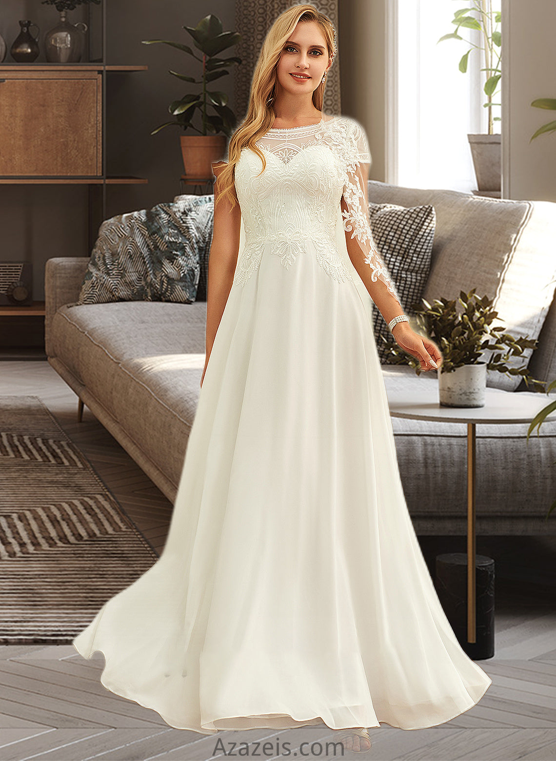 Lia A-Line Scoop Neck Floor-Length Chiffon Lace Wedding Dress With Sequins DFP0013775