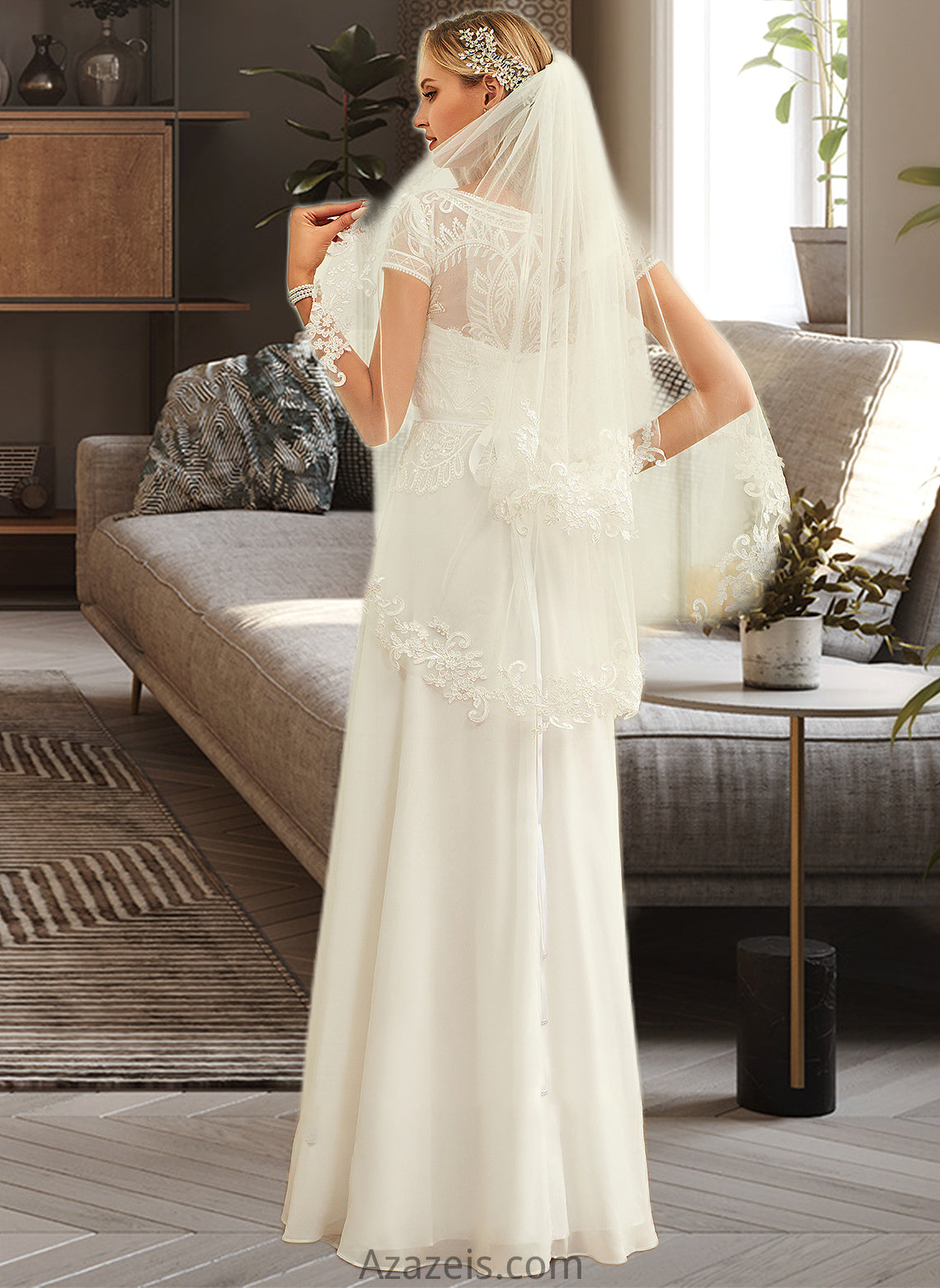 Lia A-Line Scoop Neck Floor-Length Chiffon Lace Wedding Dress With Sequins DFP0013775