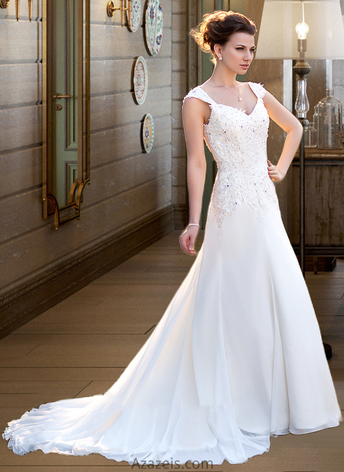 Kamila A-Line V-neck Court Train Chiffon Wedding Dress With Lace Beading Sequins DFP0013776