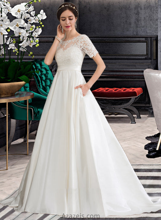 Brenda Ball-Gown/Princess Scoop Neck Court Train Satin Wedding Dress With Beading Sequins Pockets DFP0013777