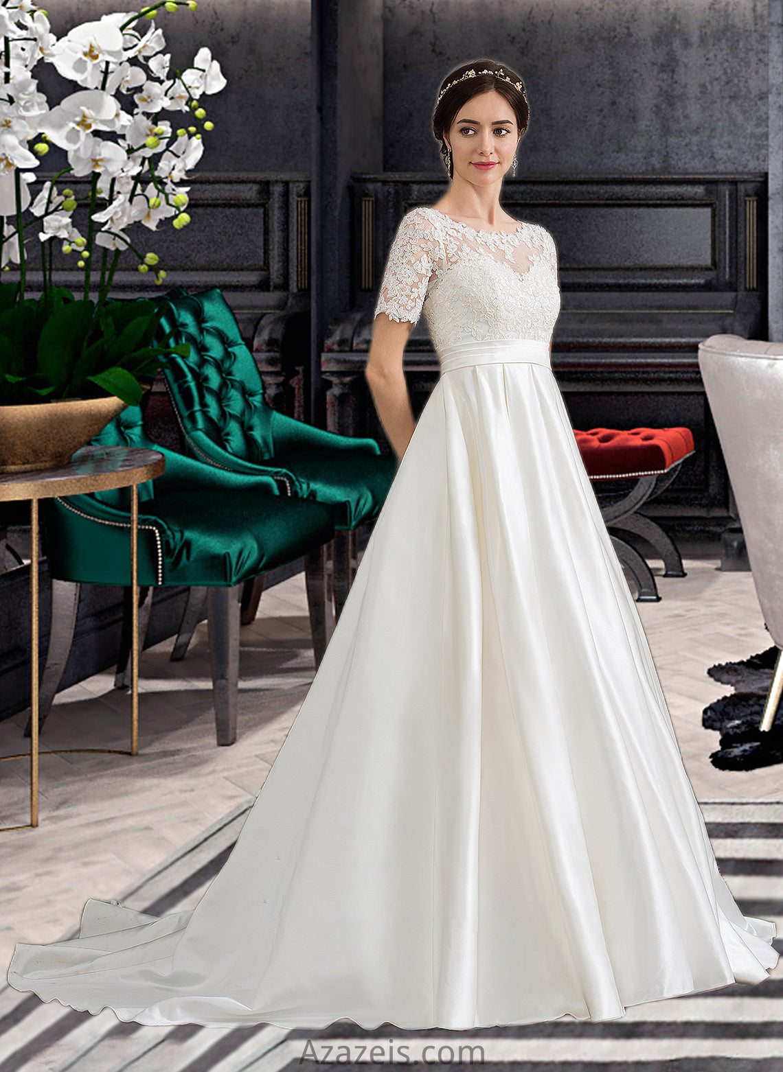 Brenda Ball-Gown/Princess Scoop Neck Court Train Satin Wedding Dress With Beading Sequins Pockets DFP0013777