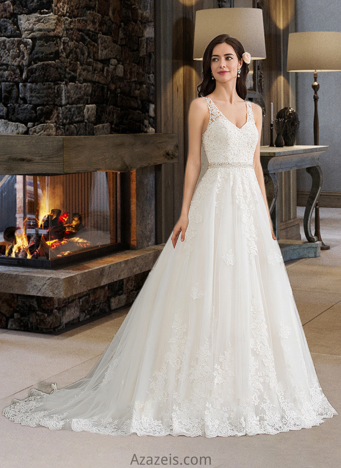Carla Ball-Gown/Princess V-neck Court Train Tulle Wedding Dress With Beading Sequins DFP0013779