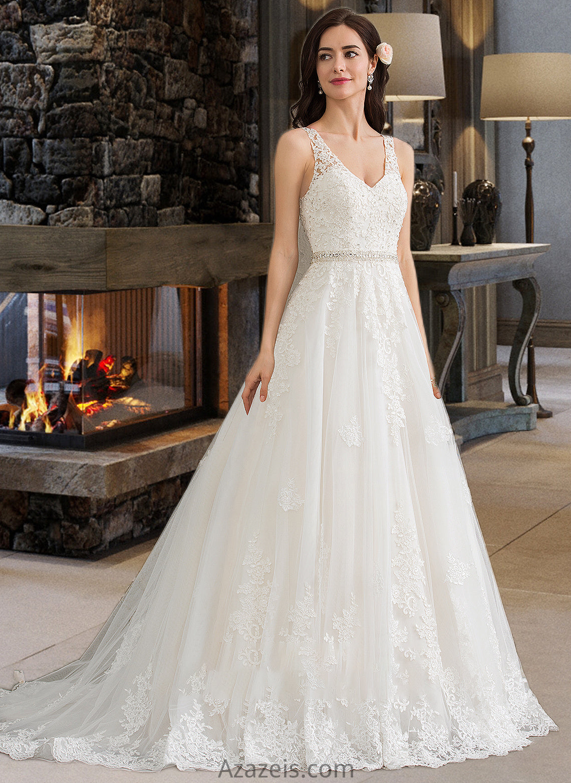 Carla Ball-Gown/Princess V-neck Court Train Tulle Wedding Dress With Beading Sequins DFP0013779