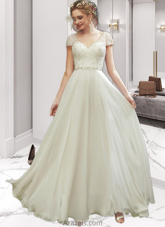 Elle A-Line V-neck Floor-Length Wedding Dress With Lace Beading Sequins DFP0013784