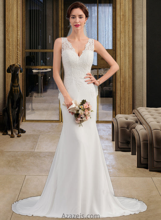 Hilda Trumpet/Mermaid V-neck Court Train Chiffon Wedding Dress DFP0013788