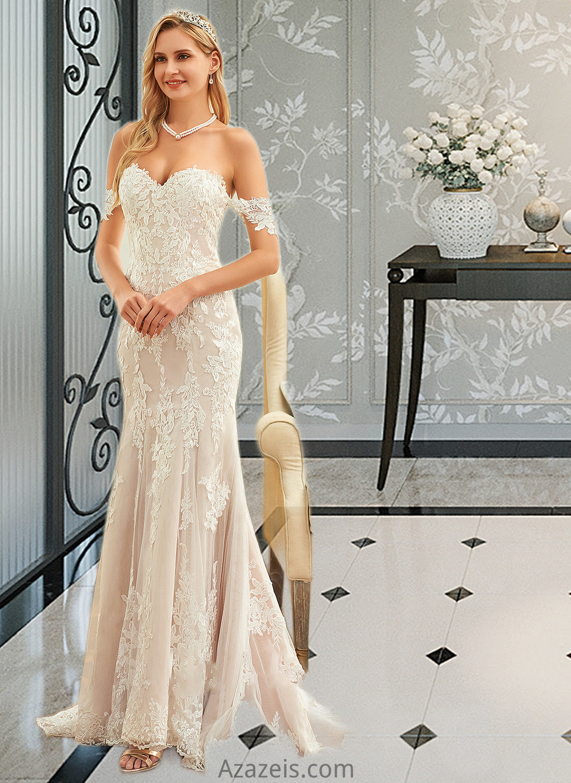 Alena Trumpet/Mermaid Off-the-Shoulder Court Train Tulle Lace Wedding Dress DFP0013789