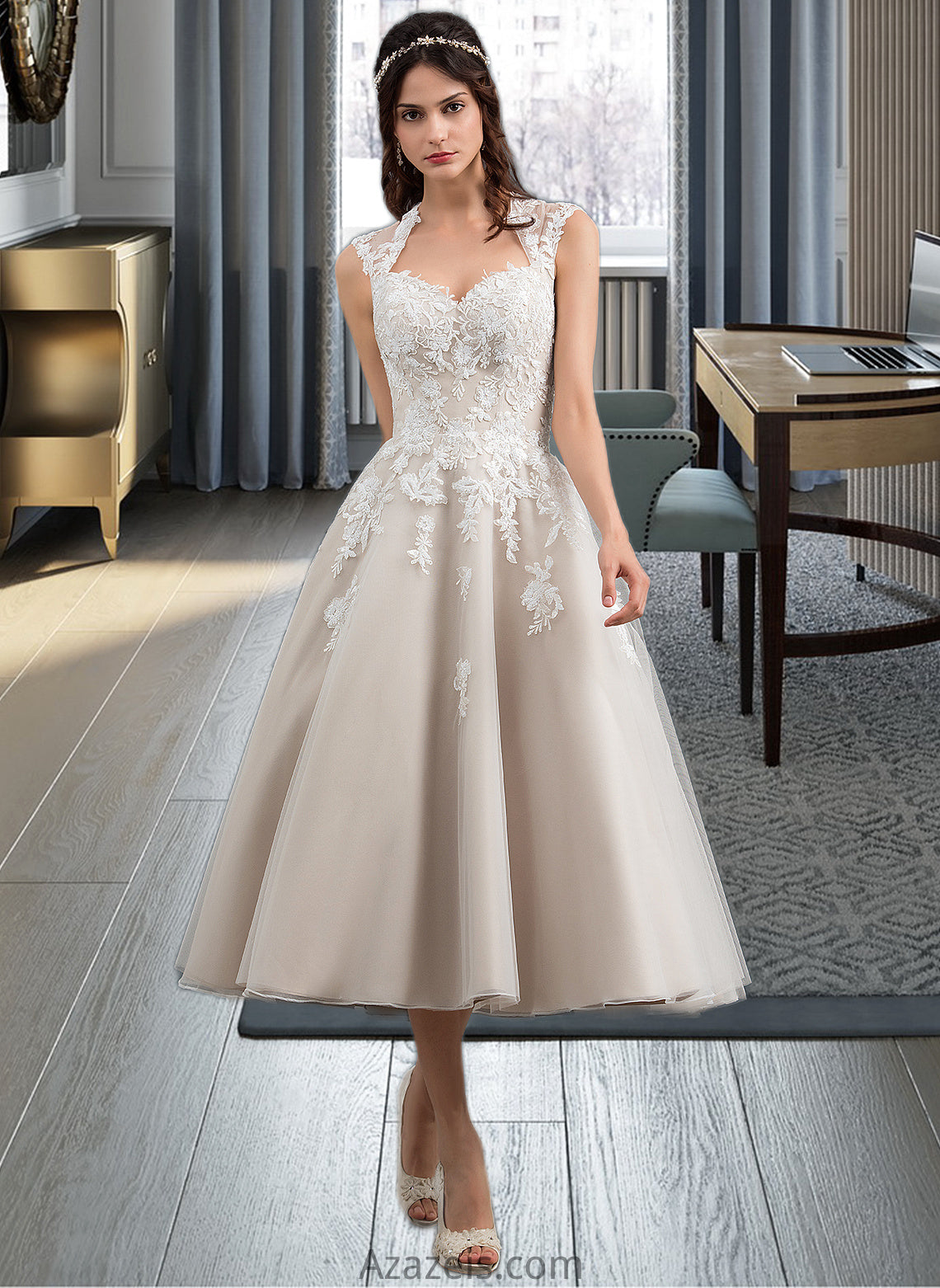 Jeanie Ball-Gown/Princess Sweetheart Tea-Length Tulle Wedding Dress With Sequins DFP0013791