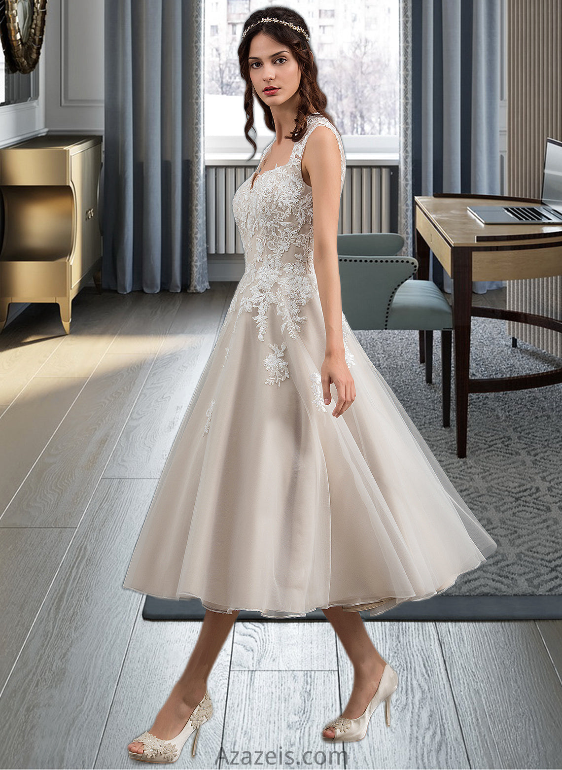 Jeanie Ball-Gown/Princess Sweetheart Tea-Length Tulle Wedding Dress With Sequins DFP0013791