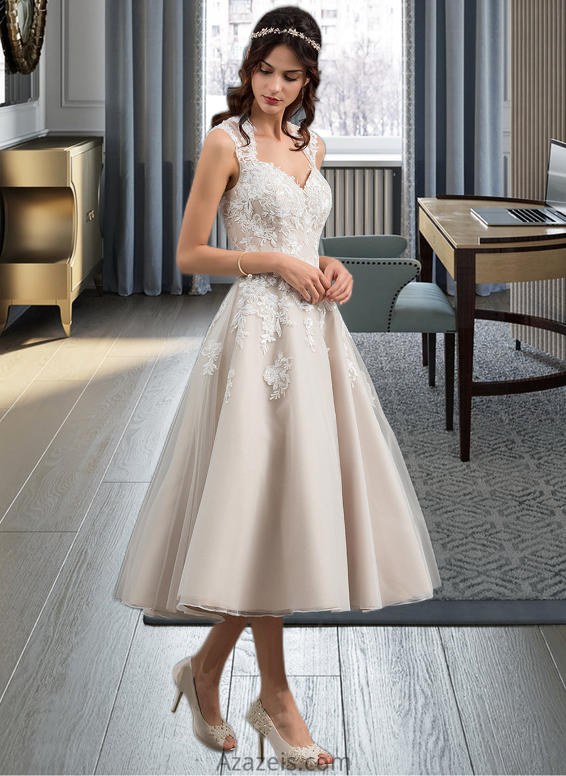 Jeanie Ball-Gown/Princess Sweetheart Tea-Length Tulle Wedding Dress With Sequins DFP0013791