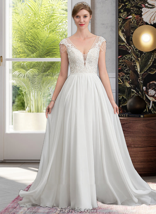 Meredith A-Line V-neck Sweep Train Chiffon Wedding Dress With Beading Sequins DFP0013792