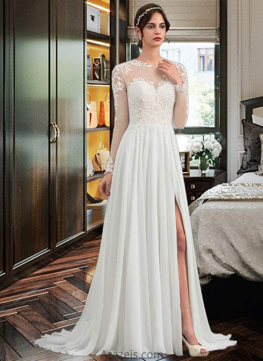 Juliana A-Line Illusion Sweep Train Chiffon Wedding Dress With Appliques Lace Split Front DFP0013793