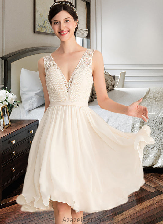 Sam A-Line V-neck Knee-Length Chiffon Lace Wedding Dress With Ruffle DFP0013794
