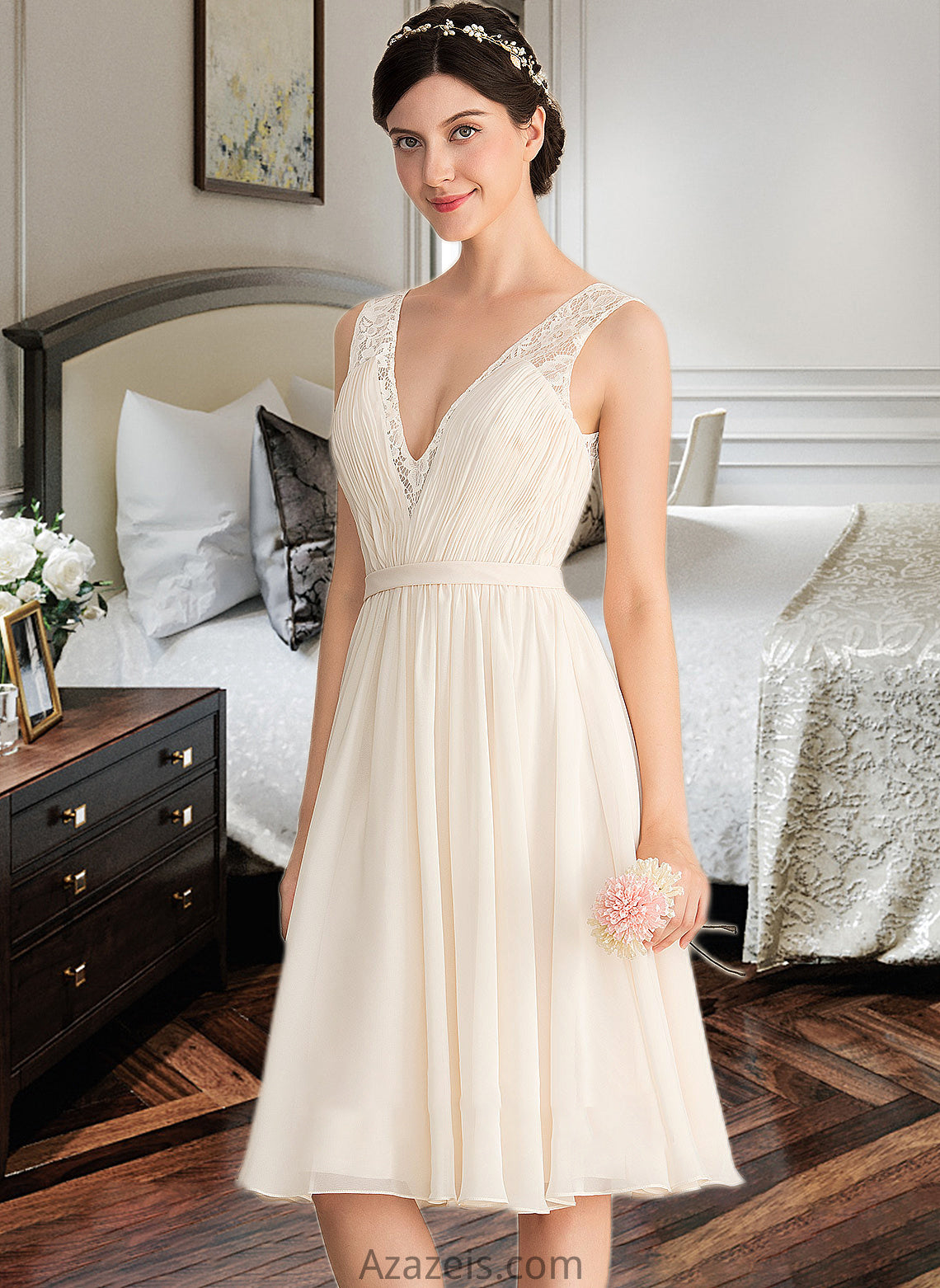 Sam A-Line V-neck Knee-Length Chiffon Lace Wedding Dress With Ruffle DFP0013794