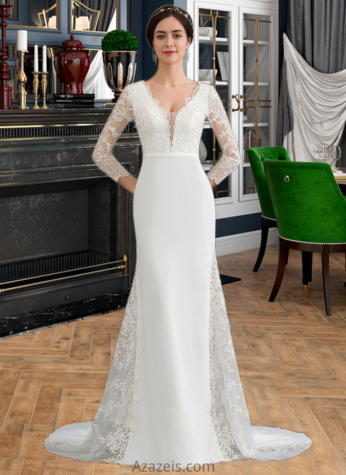 Yadira Trumpet/Mermaid V-neck Chapel Train Chiffon Wedding Dress With Beading Sequins DFP0013795