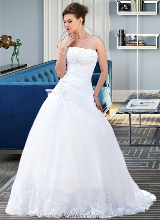 Gwen Ball-Gown/Princess Strapless Chapel Train Satin Organza Wedding Dress With Lace Beading DFP0013796