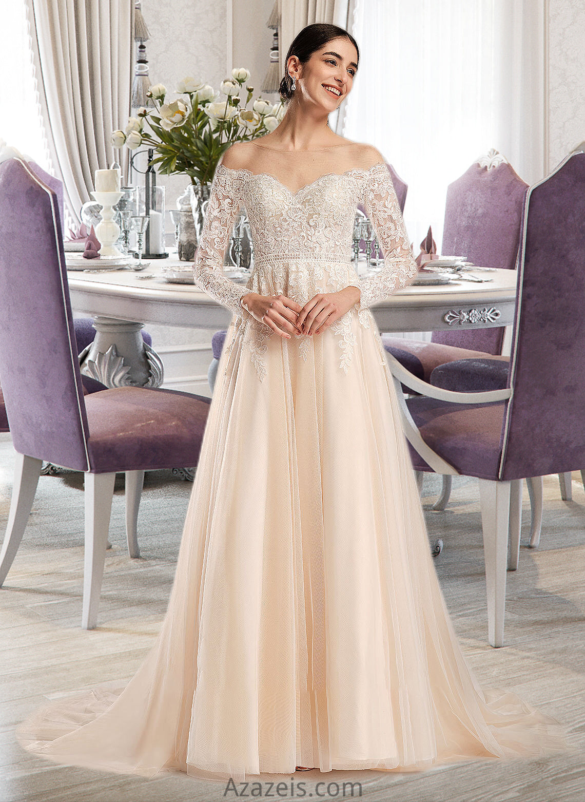 Aspen Ball-Gown/Princess Illusion Chapel Train Wedding Dress With Sequins DFP0013798