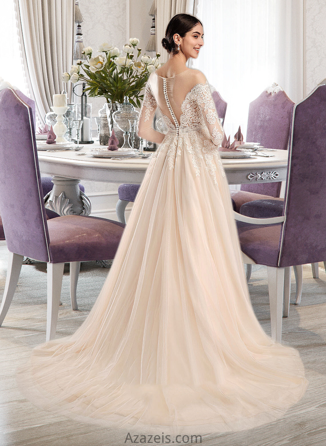 Aspen Ball-Gown/Princess Illusion Chapel Train Wedding Dress With Sequins DFP0013798