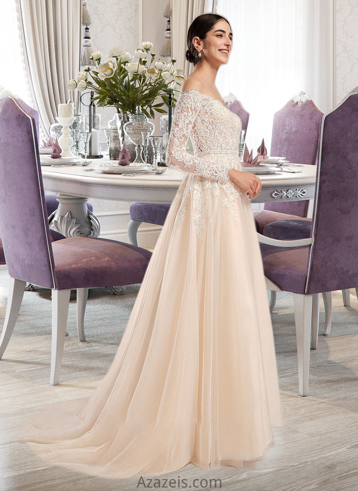 Aspen Ball-Gown/Princess Illusion Chapel Train Wedding Dress With Sequins DFP0013798