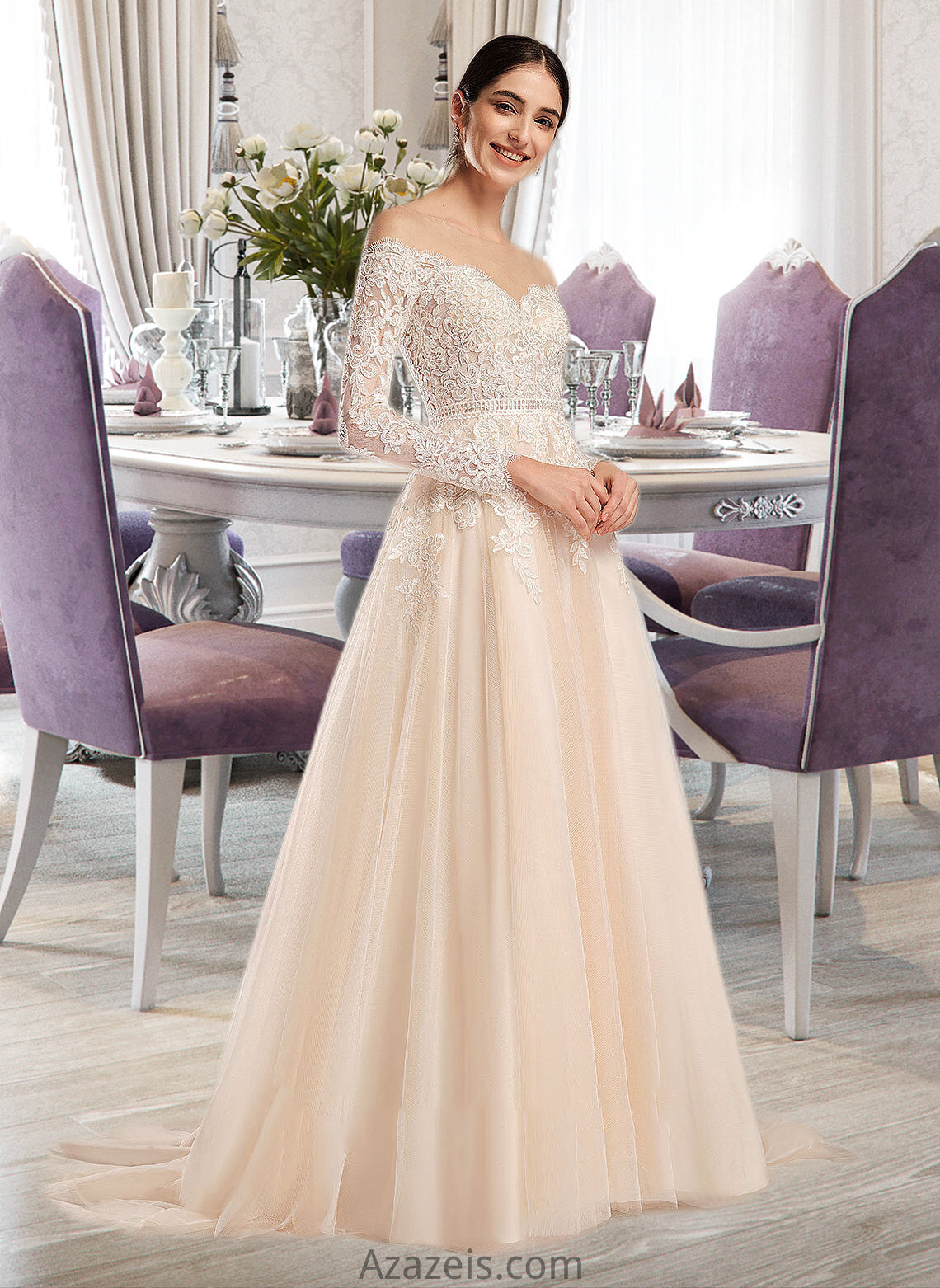 Aspen Ball-Gown/Princess Illusion Chapel Train Wedding Dress With Sequins DFP0013798