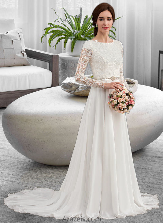 Danielle A-Line Scoop Neck Court Train Chiffon Wedding Dress With Beading DFP0013800