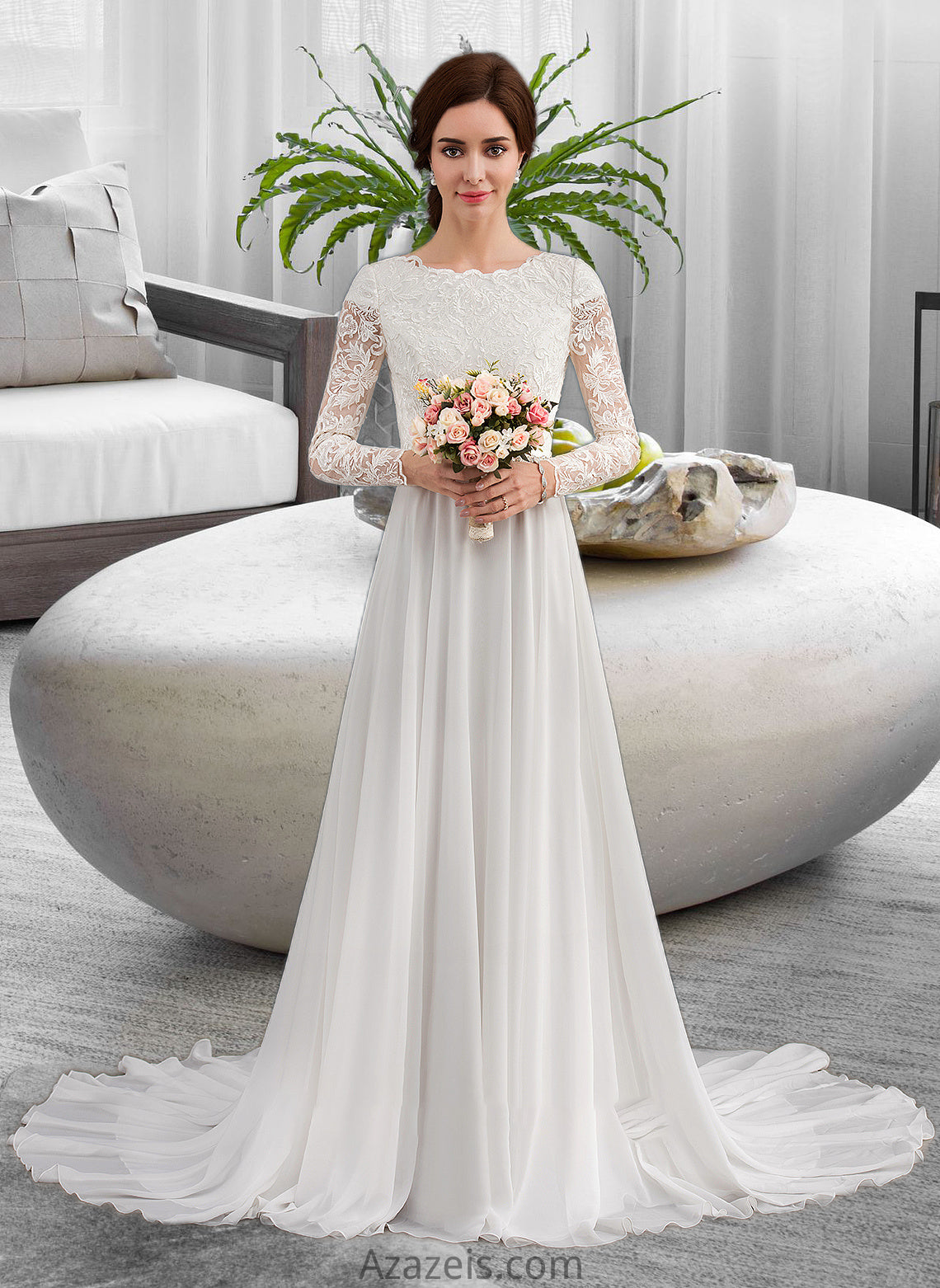 Danielle A-Line Scoop Neck Court Train Chiffon Wedding Dress With Beading DFP0013800