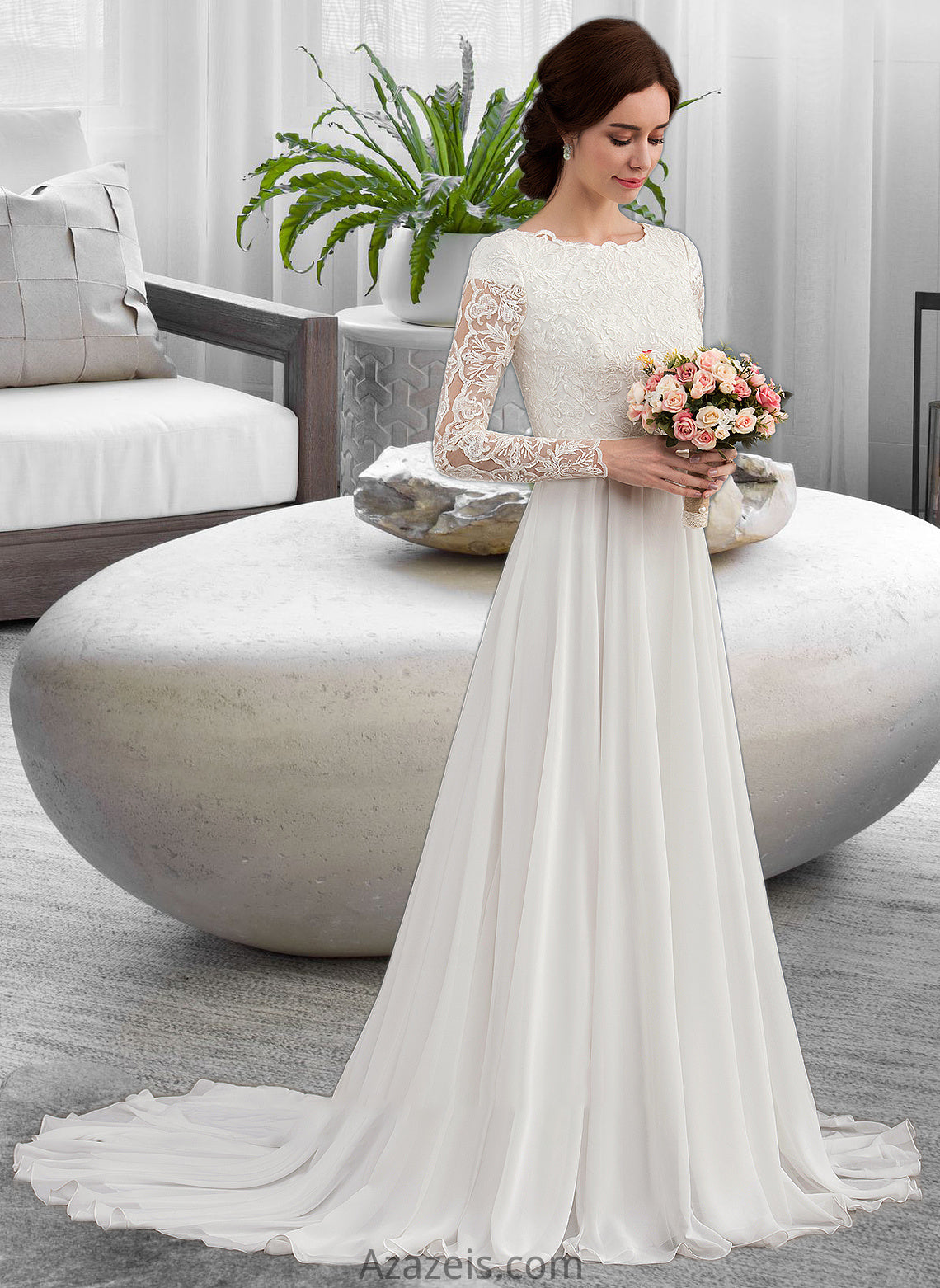 Danielle A-Line Scoop Neck Court Train Chiffon Wedding Dress With Beading DFP0013800