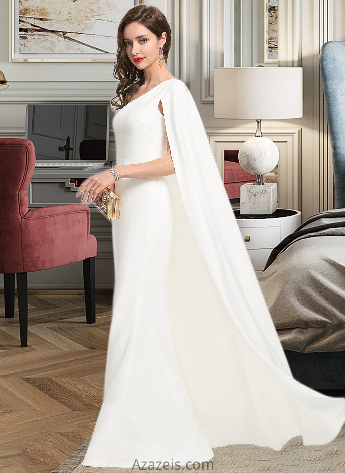 Adelyn Sheath/Column One-Shoulder Floor-Length Stretch Crepe Wedding Dress DFP0013801