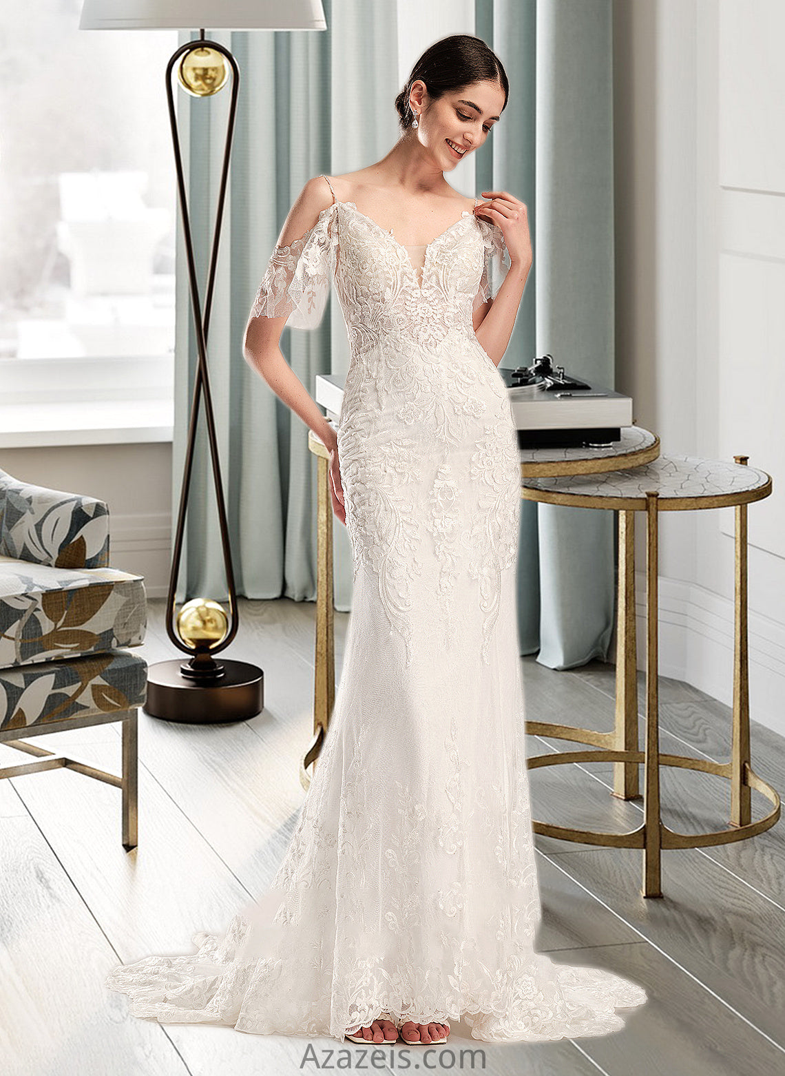 Asia Trumpet/Mermaid V-neck Chapel Train Wedding Dress With Beading Sequins DFP0013802