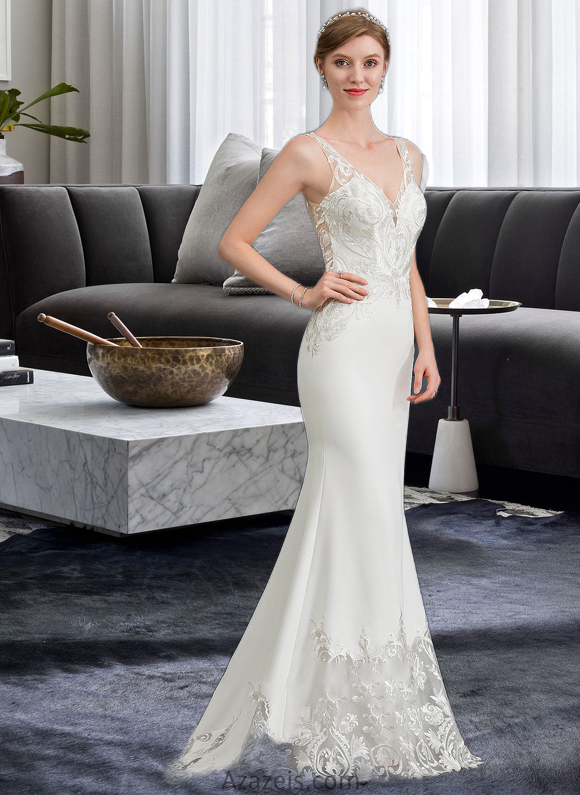 Jadyn Trumpet/Mermaid V-neck Court Train Stretch Crepe Wedding Dress DFP0013803