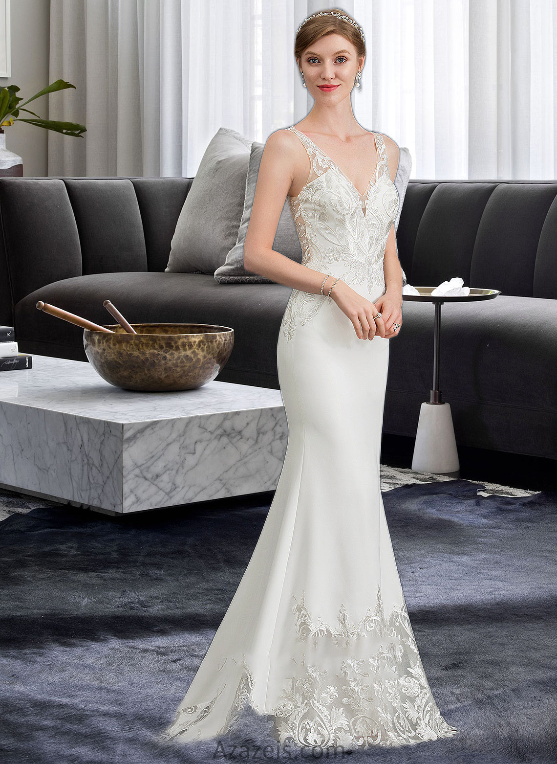 Jadyn Trumpet/Mermaid V-neck Court Train Stretch Crepe Wedding Dress DFP0013803