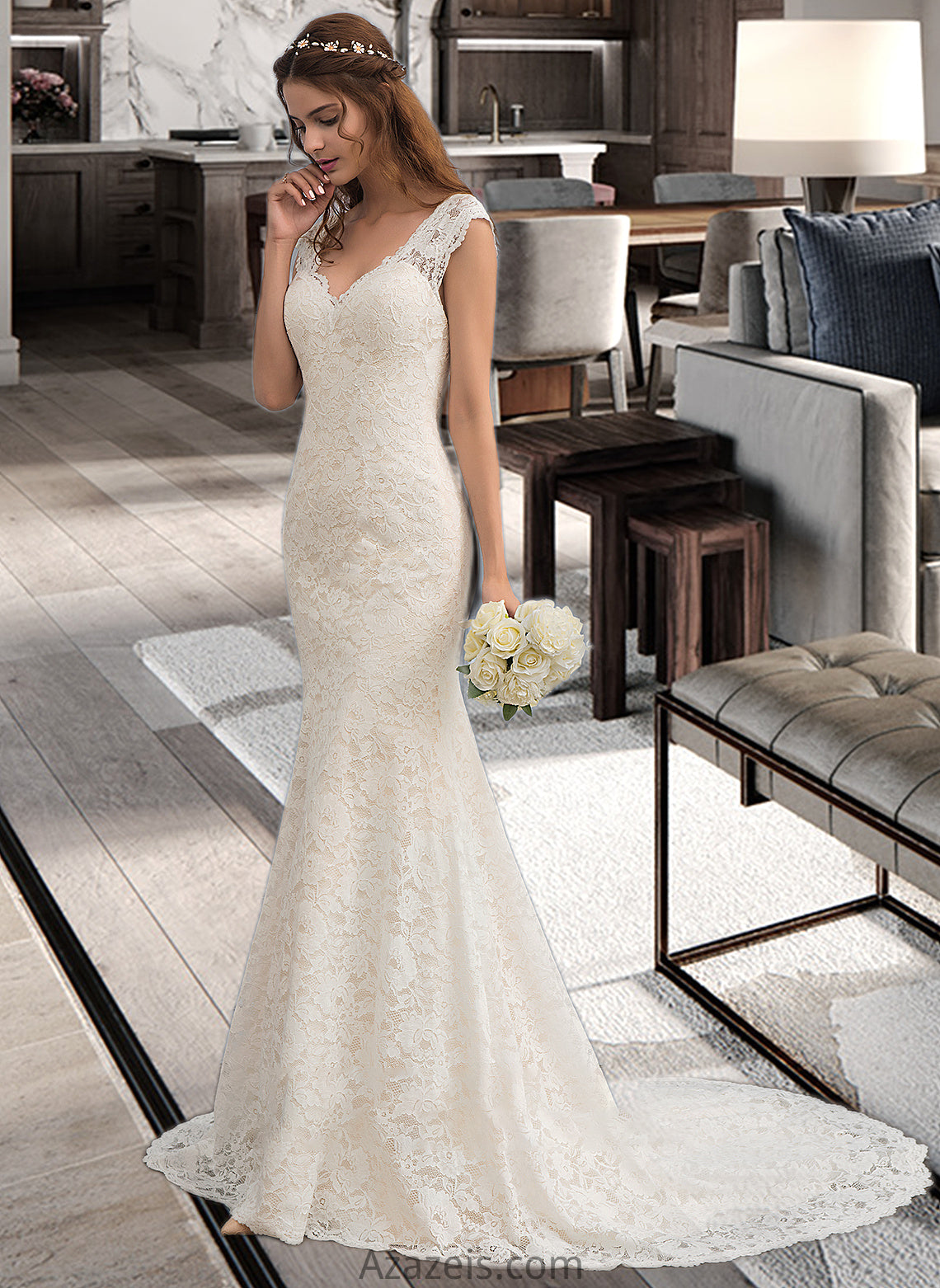 Ali Trumpet/Mermaid V-neck Court Train Lace Wedding Dress DFP0013804