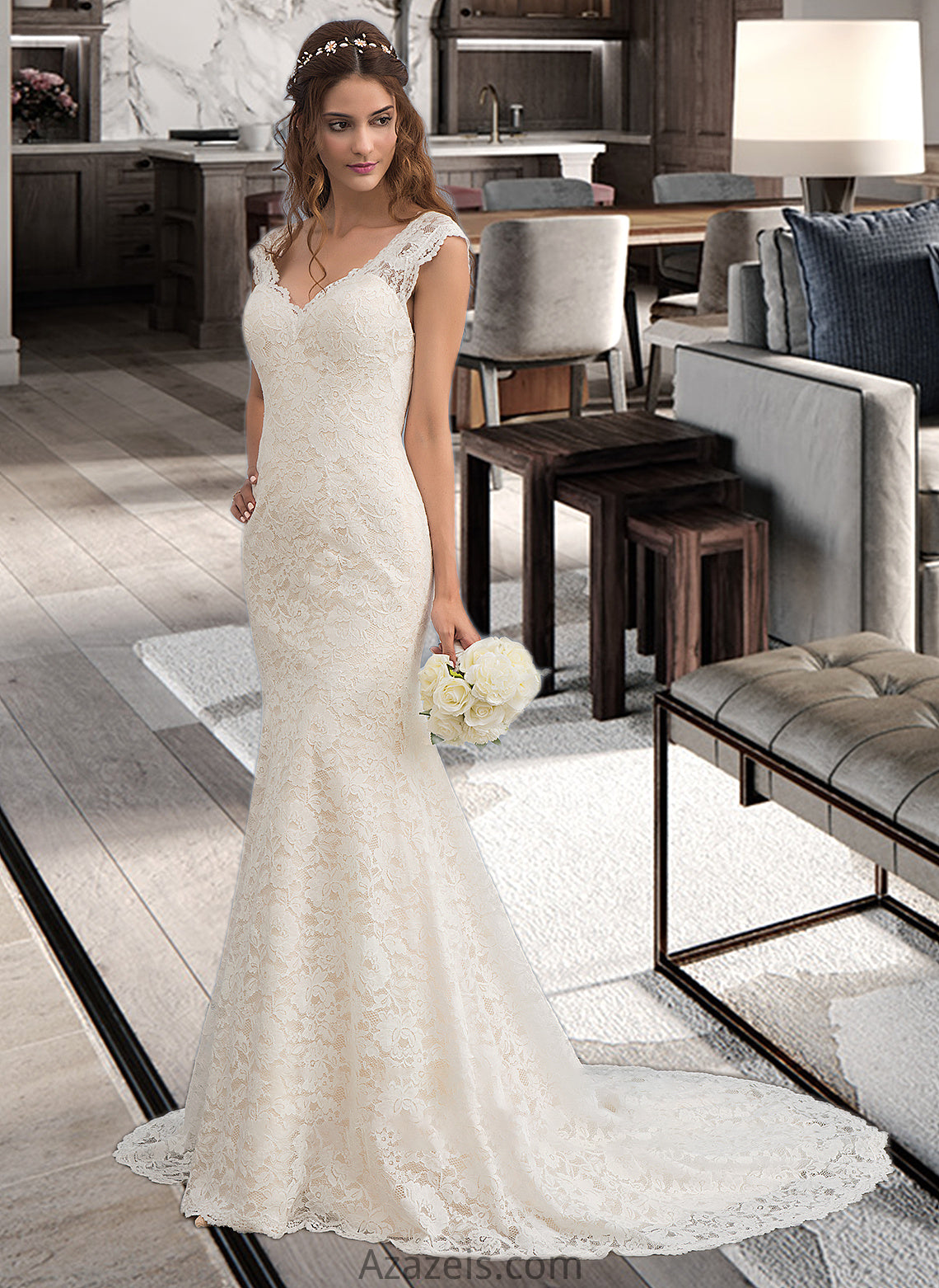 Ali Trumpet/Mermaid V-neck Court Train Lace Wedding Dress DFP0013804