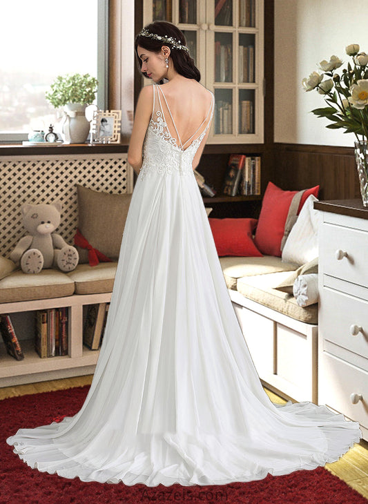 Evelin A-Line V-neck Sweep Train Chiffon Wedding Dress With Beading Sequins Split Front DFP0013806