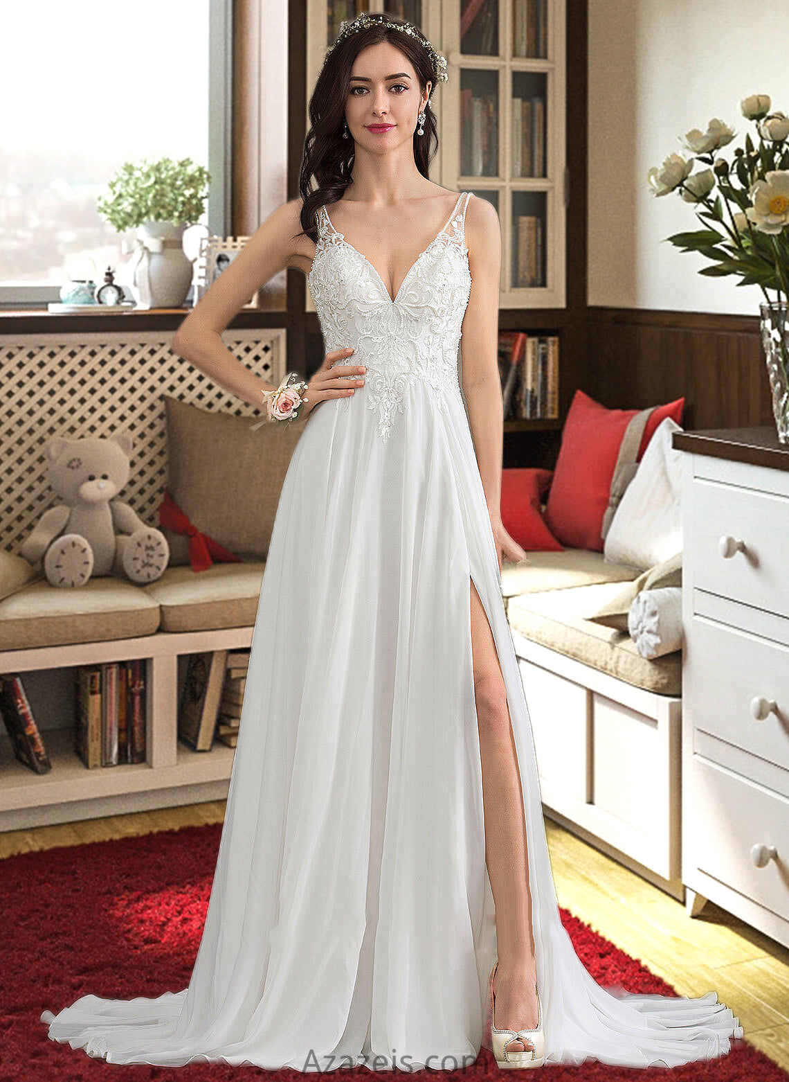 Evelin A-Line V-neck Sweep Train Chiffon Wedding Dress With Beading Sequins Split Front DFP0013806