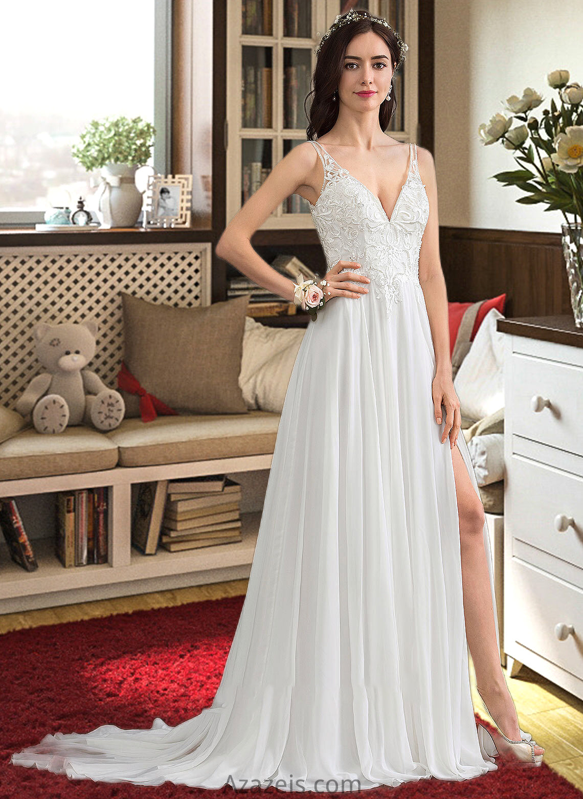 Evelin A-Line V-neck Sweep Train Chiffon Wedding Dress With Beading Sequins Split Front DFP0013806